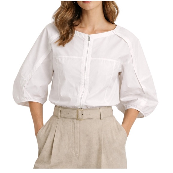 3.1 Phillip Lim Tops - 3.1 Phillip Lim White Cotton Blend Zip Front Balloon Puff Sleeve Top Blouse Sz 6